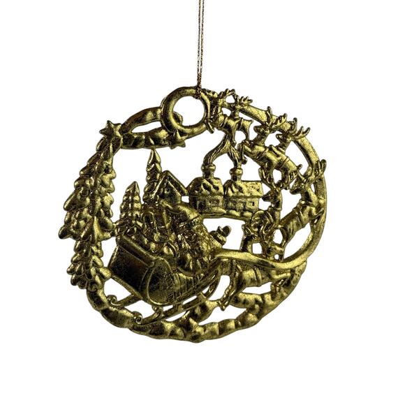 Vintage Gold Tone Santa Sleigh Reindeer Metal Christmas Ornament 4.5” - Picture 1 of 12